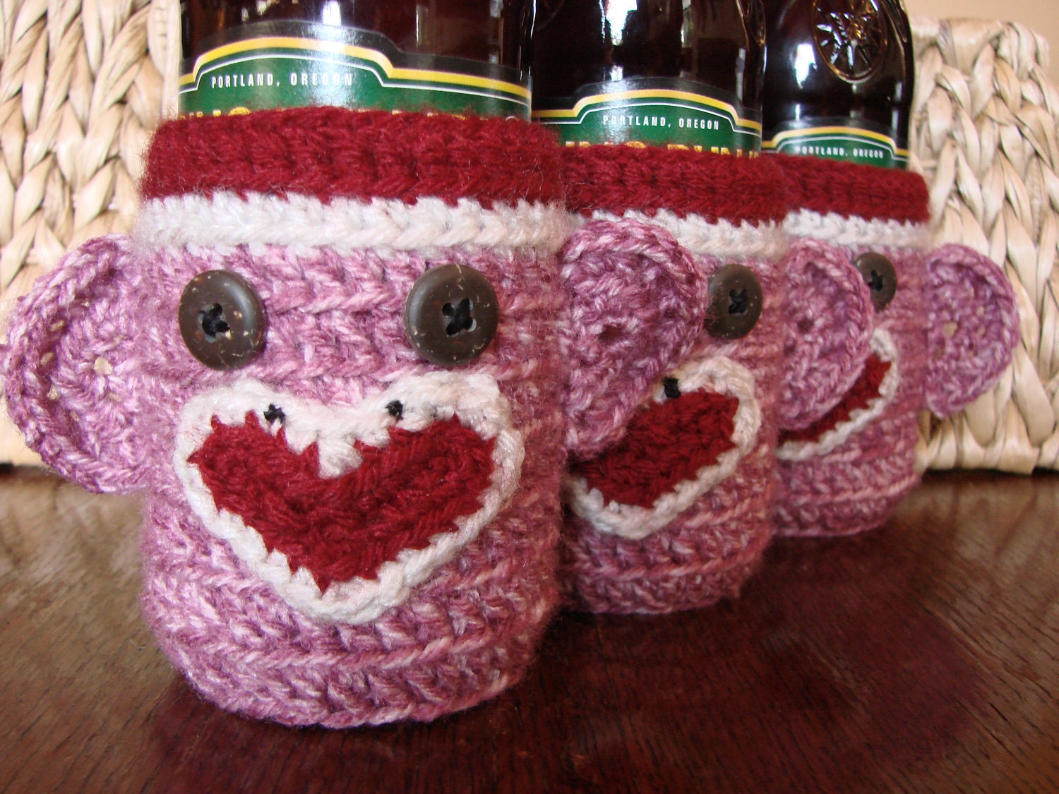 Breast Cancer Awareness Pink Sock Monkey Beer Bottle Cozy forNational Breast Cancer Foundation