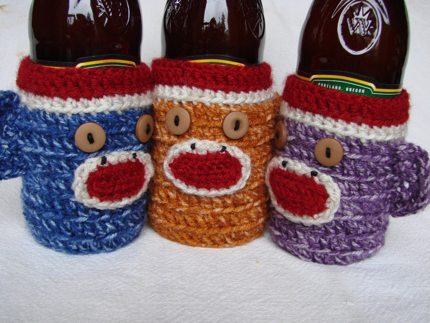 ANY TWO Sock Monkey Beer Soda Bottle Drink Cozies Red White with Brown, Purple, Pink, Green, Blue, Orange)