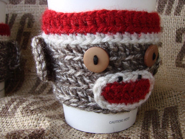 One Sock Monkey Coffee Cozy Back to School Teacher gift Red White Brown