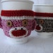 His and Hers Sock Monkey Coffee Cozy SET of two (red, white with pink and brown)
