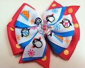 Pink & Orange Polka Dots Turquoise and Penguin HOLIDAY WINTER Snow Stacked Boutique Style Ribbon Bow Handmade for PETS Dog Collar Accessory