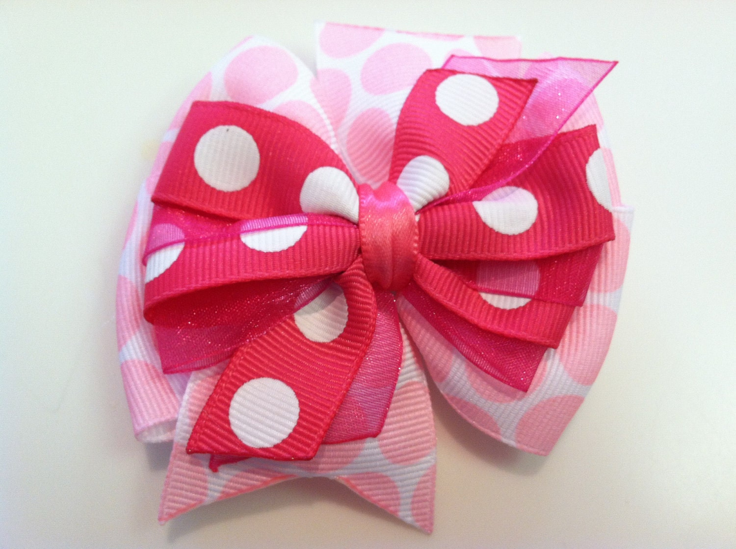Hot Pink and White Polka Dots Light Pink VALENTINE'S Stacked Boutique Style Ribbon Bow Handmade for PETS Dog Collar Accessory