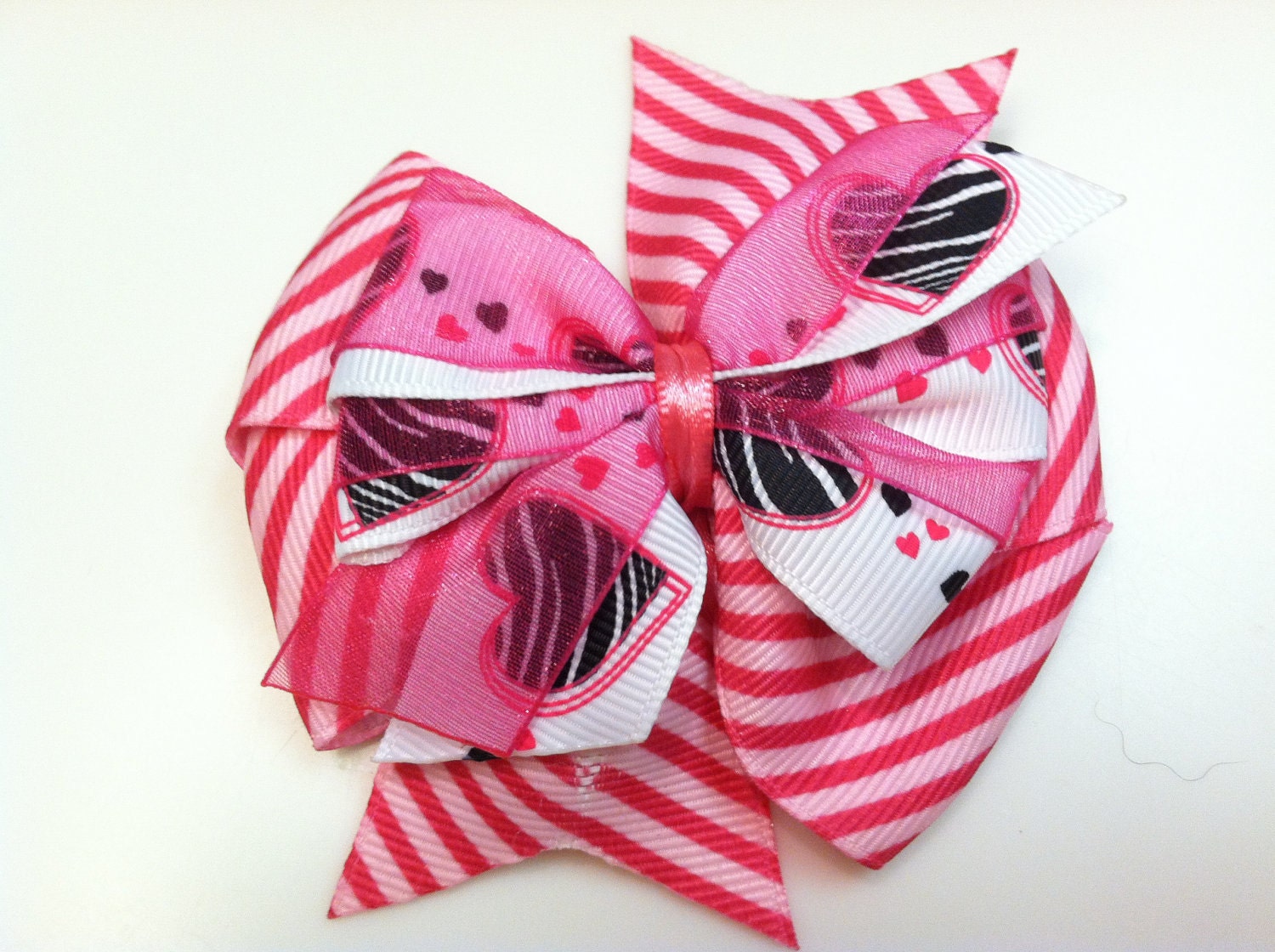 Hot Pink Stripes and Black Hearts Light Pink VALENTINE'S Stacked Boutique Style Ribbon Bow Handmade for PETS Dog Collar Accessory