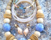 Destash Beach Vintage Jewelry Lot, necklace bracelets clip earrings, AVON sea shell, wood gold teal blue peach cream, Miami Resort gift set