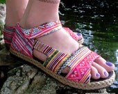 Colorful Embroidery &  Batik Ankle Strap Open Toe Mary Jane Espadrille Flat Vegan Shoe