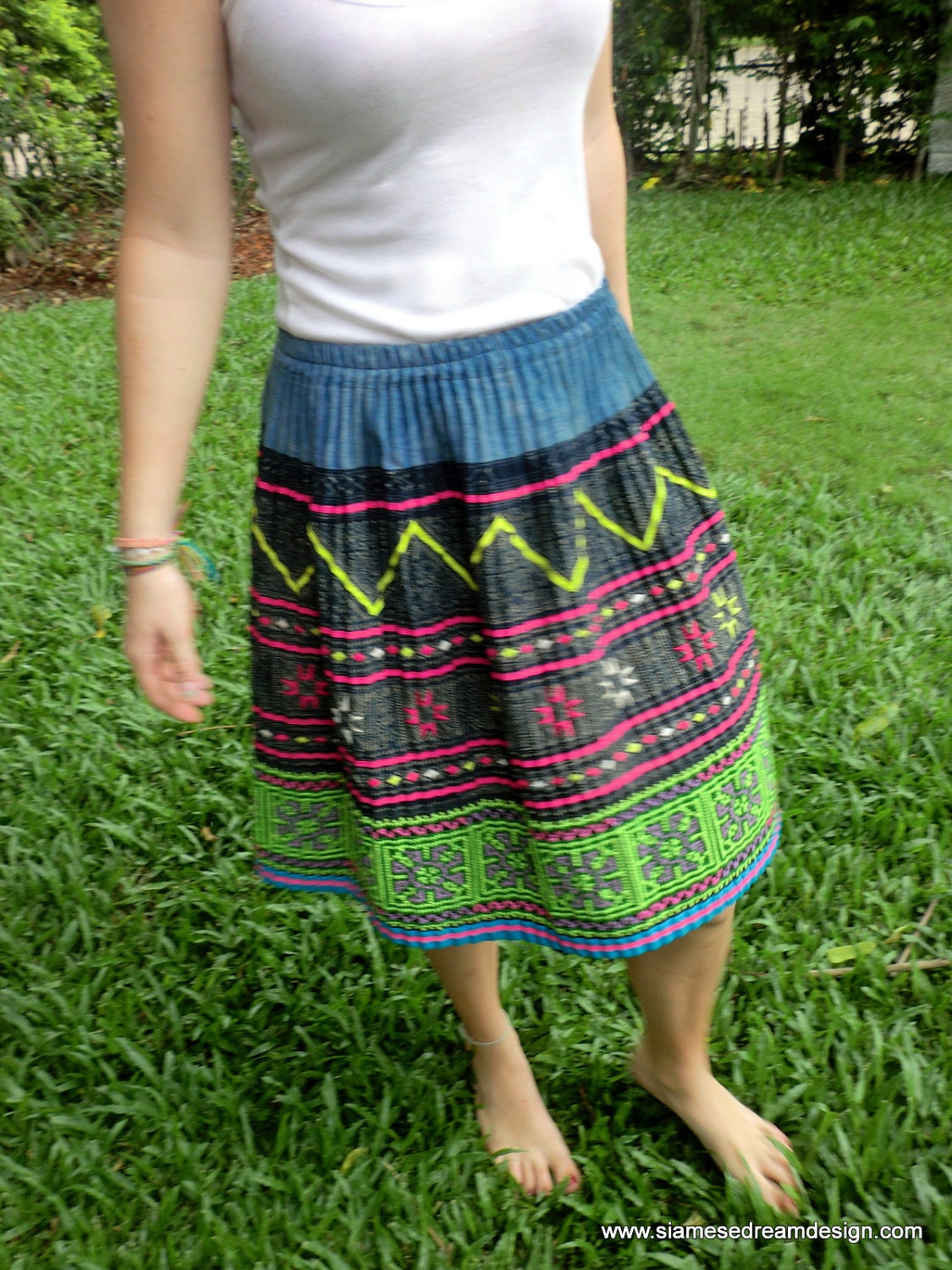 Hand Drawn Indigo Batik and Colorful Embroidery Hmong Skirt