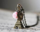Eiffel Tower,with Pink Rose and Heart Charm Vintage style Necklace. vintagebyrachel on Etsy
