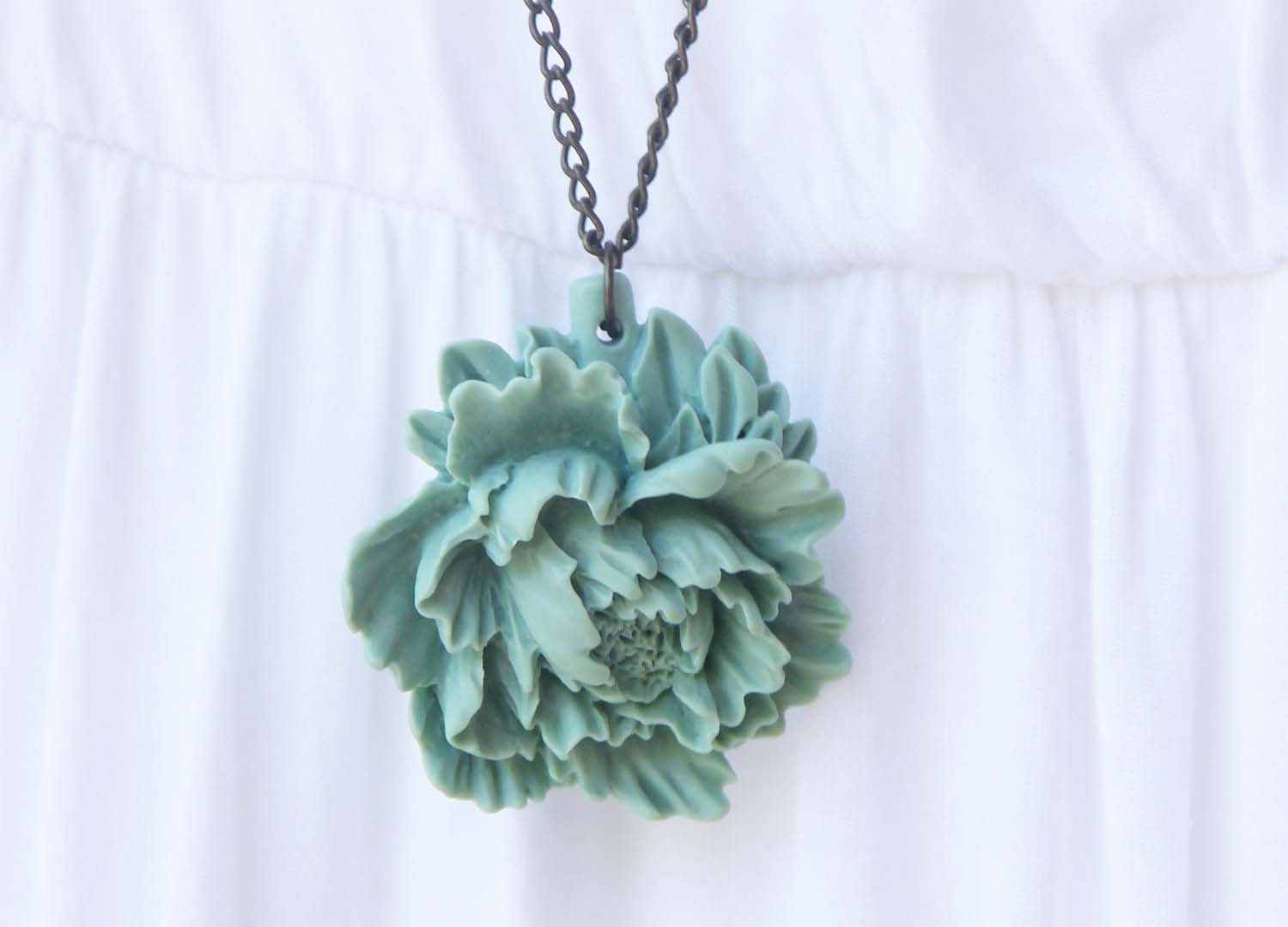 Aqua Green Peony Flower resin Pendant on antique brass Necklace Vintage by rachel on Etsy