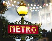 Paris Photography - Metro Sign at Night, Lamp Post, Red, Twinkle Lights, Festive, Holiday, Urban Wall Decor