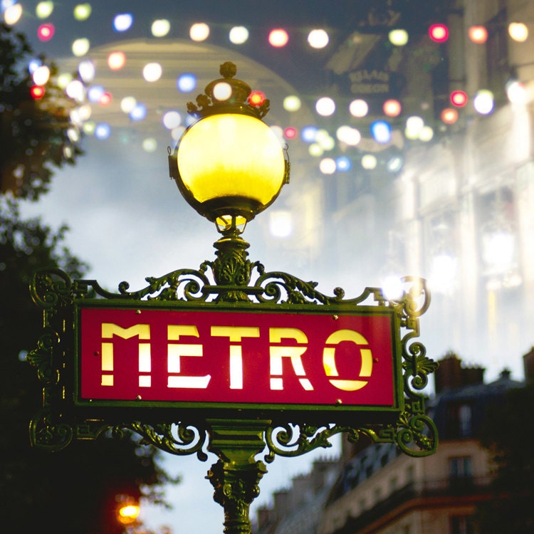 Paris Photography - Metro Sign at Night, Lamp Post, Red, Twinkle Lights, Festive, Holiday, Urban Wall Decor