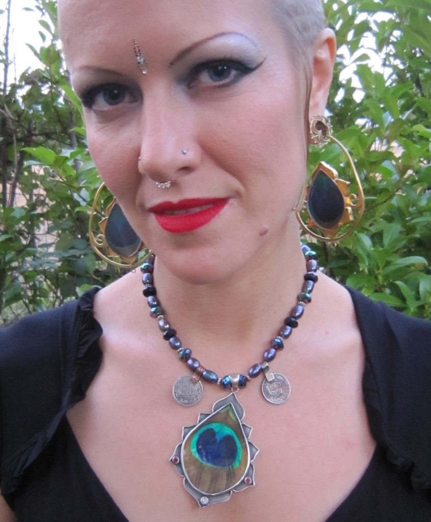 One of a kind Peacock Lotus Necklace with antique coins
