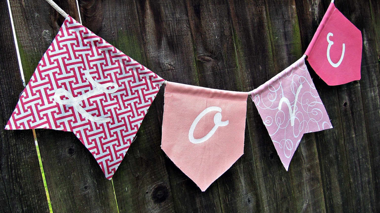 Sweet L O V E Decorative Fabric Bunting/Banner: Pink patterns & solids