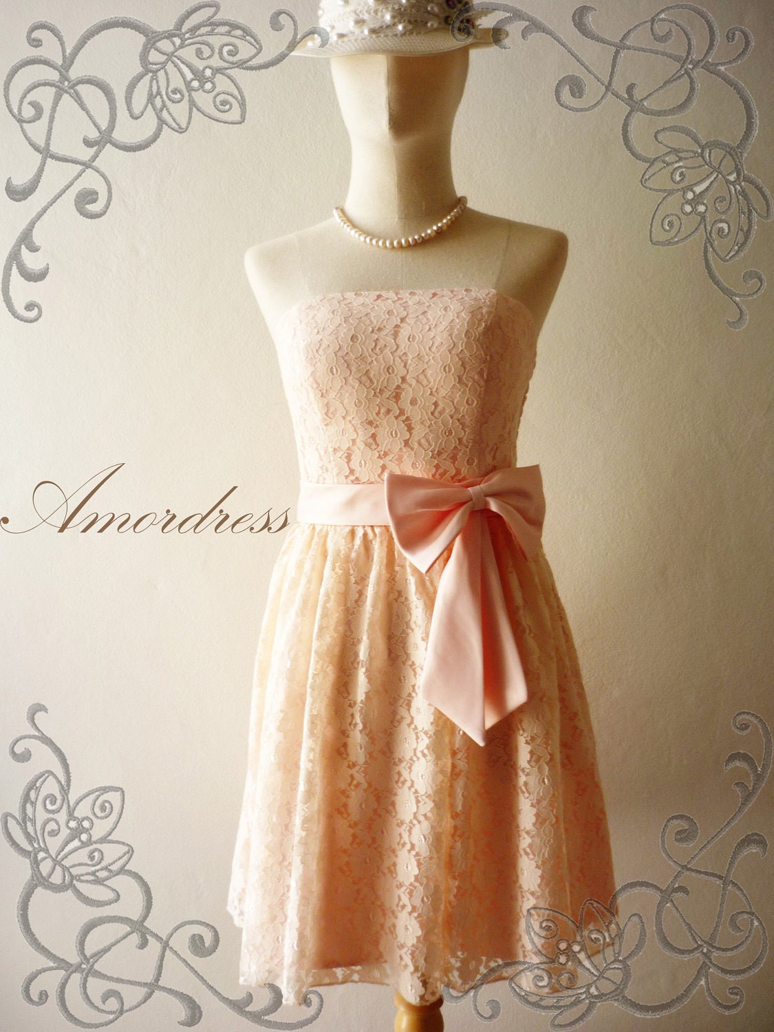 Amor Vintage Inspired- Princess Romance- Strapless Lace Dress in Lovely Pink Old Rose for Wedding, Prom, Any Special Occasion- Fit S,M-