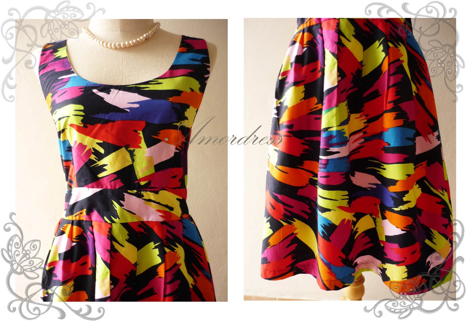 Retro Dress Amor Vintage Inspired- Chilling Princess- Great Paint Colorful Cotton Dress for Any Occasion-Fit S-M-