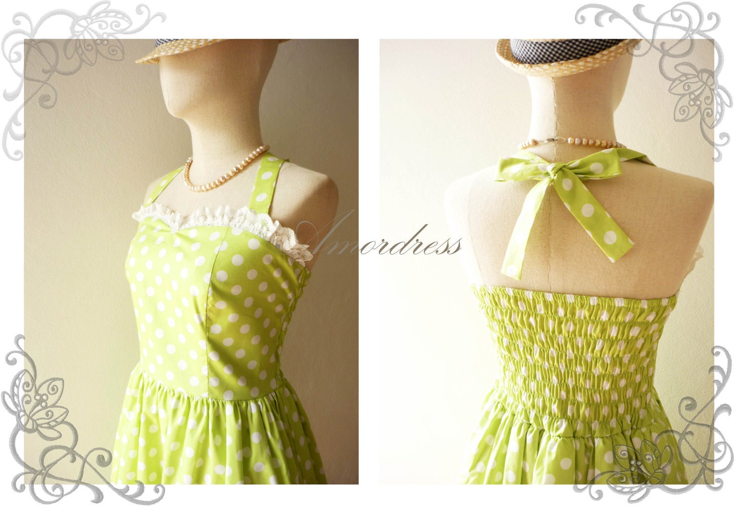 Amor Vintage 50's Inspired Halter Neck The Polka Dot Juicy Lime Green Dress for Any Occasion - Once Upon A Time- Size S-