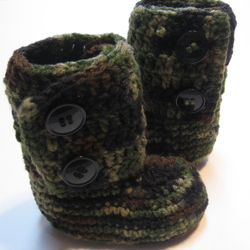 Crochet baby booties.  Boys booties.  Boys ankle boots.  Camouflage.  Made to order.  6 to 12 month, 12 month, 18 month, 24 month.
