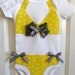 Faux Yellow Polka Dot Bikini Baby Girl Onesie Bodysuit Applique with Black Bows 3 6 9 12 months