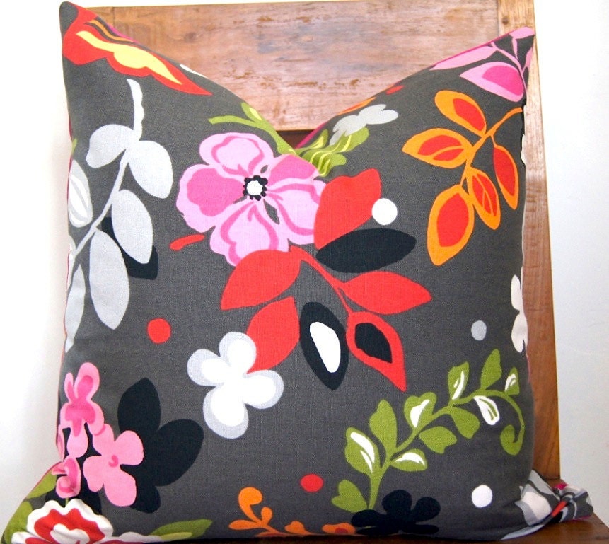 Floral Pillow Pink Chartreuse Red Grey Yellow Green Size 20x20