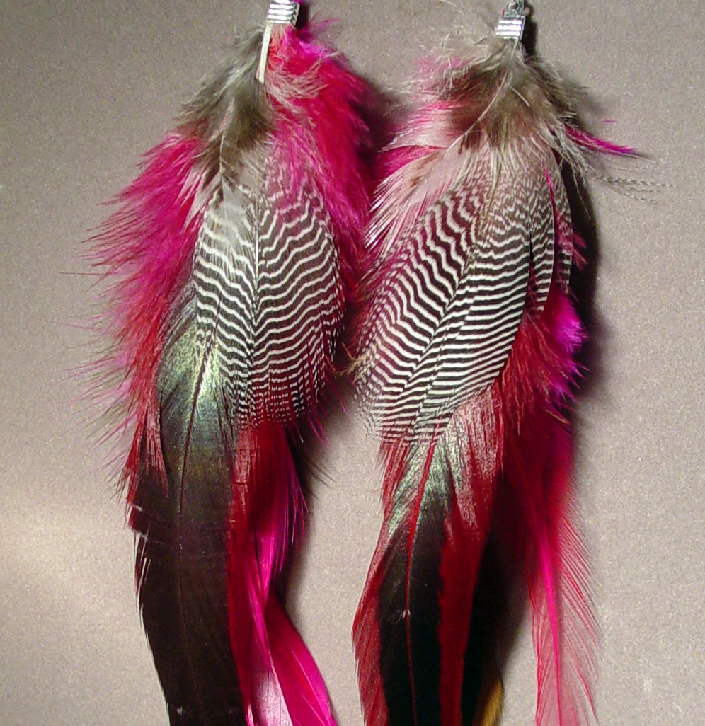 Pink brown black and white feather earrings