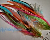 Pink, turquoise, orange, lime green, peach, brown, black,black and grizzly long feather earrings