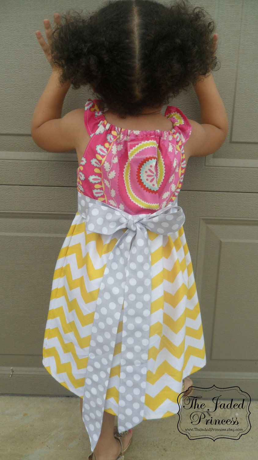 Girls boutique party dress- Yellow and white chevron dress- Made to order