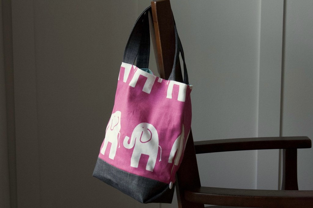 Elephant Mini Button Tote Bag, Pink and Denim