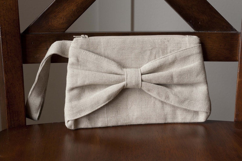 Bow Clutch, Khaki Linen