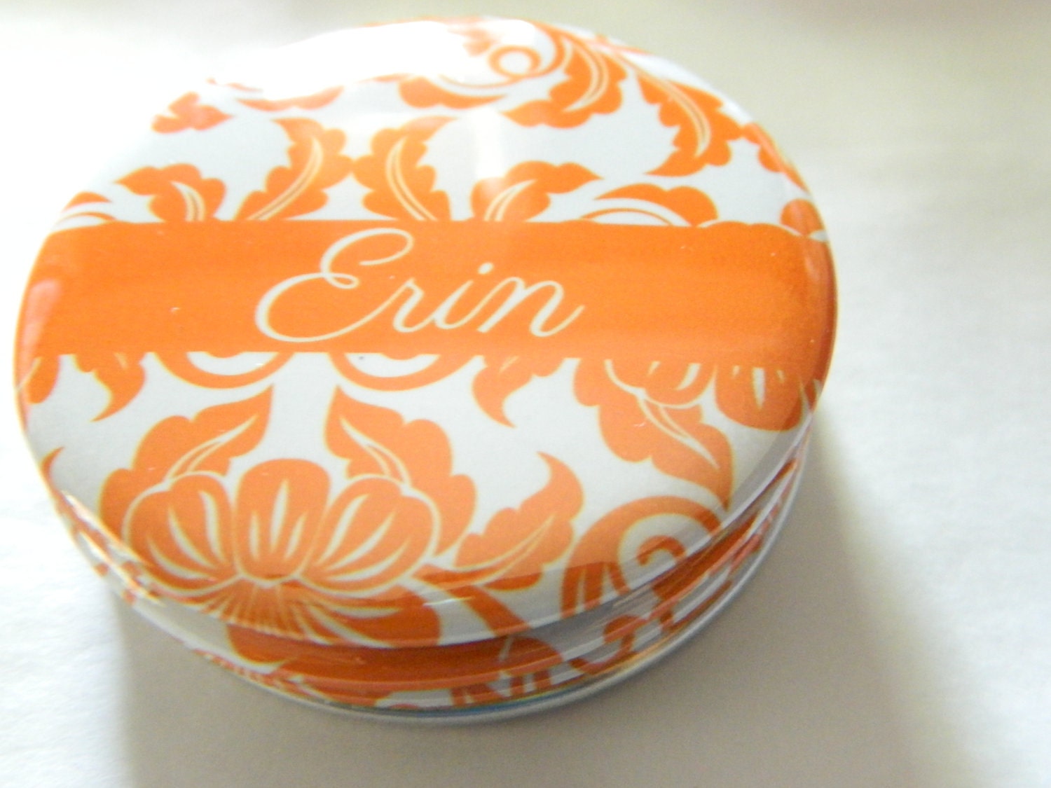 Personalized Pocket Mirror - Orange Floral Damask - Bridesmaid Gift,  Wedding Favor, Bridal Shower Favor, Party Favor, Birthday