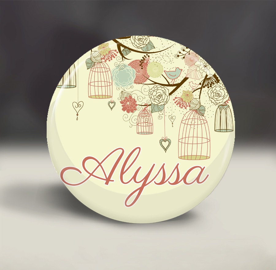 Personalized Gift - Coral, Brown, Cream Bird Cage, Florals Pocket Mirror  - Bridesmaid Gift, Thank You Gift, Party Favor, Compact Mirror