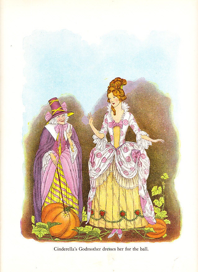 Lot of 7 vintage book pages with color and black and white Cinderella illustrations from 1933