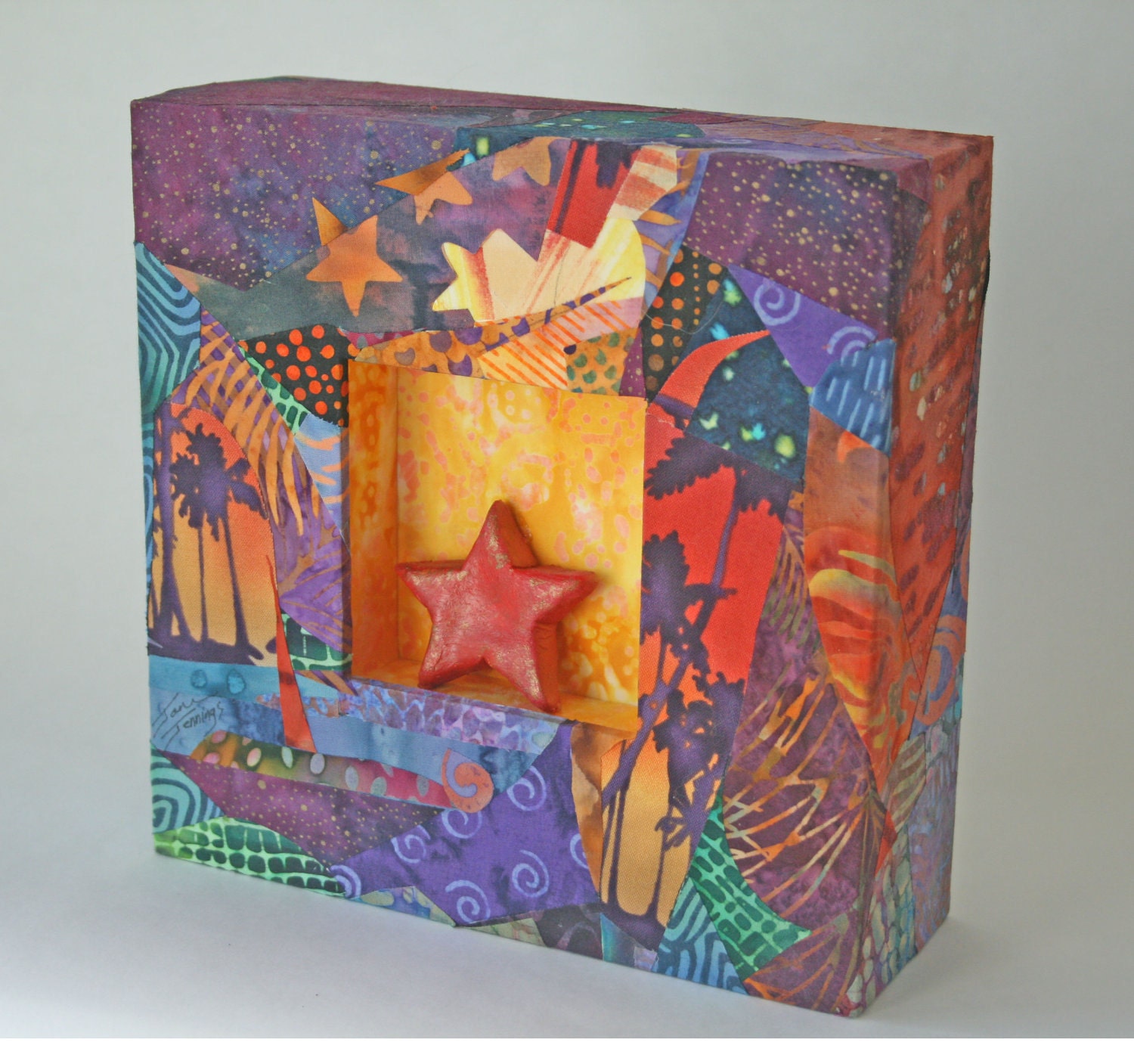 Mixed Media original art Batik fabric covered box with handmade clay star