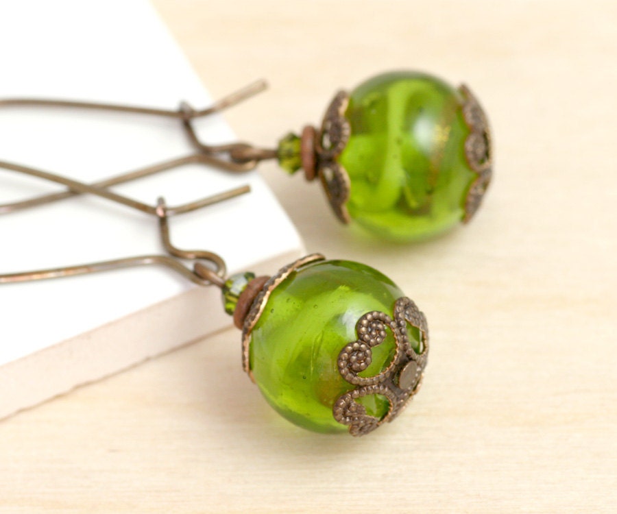 Olive Green Earrings, Green Glass Earrings, Green Bead Earrings, Green Filigree Earrings, Green Drop Earrings, Nickel Free Brass (Mandolyn)
