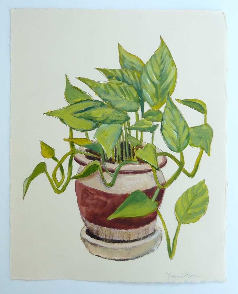 RESERVED Potted Plant Painting - Philodendron - Original Botanical Art on Ivory Cream Paper