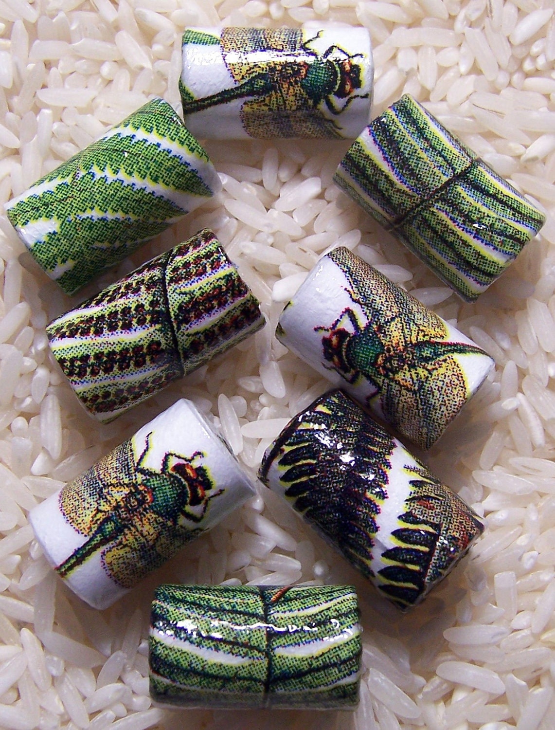 Handmade Paper Beads- Ferns and Dragonflies - Tube Style Beads- Made To order