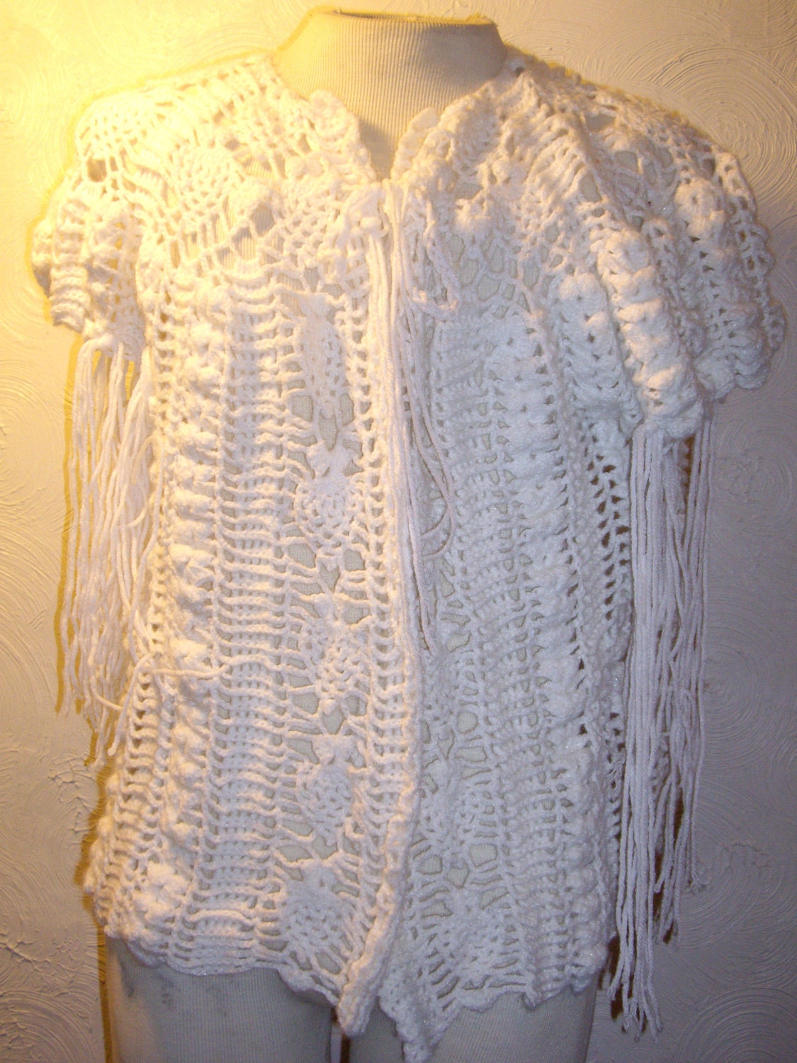 Blowout Sale vtge 70s white net crochet fringe sweater, shawl, cover, bolero, coat, photo prop halloween costume, fantasy osfa