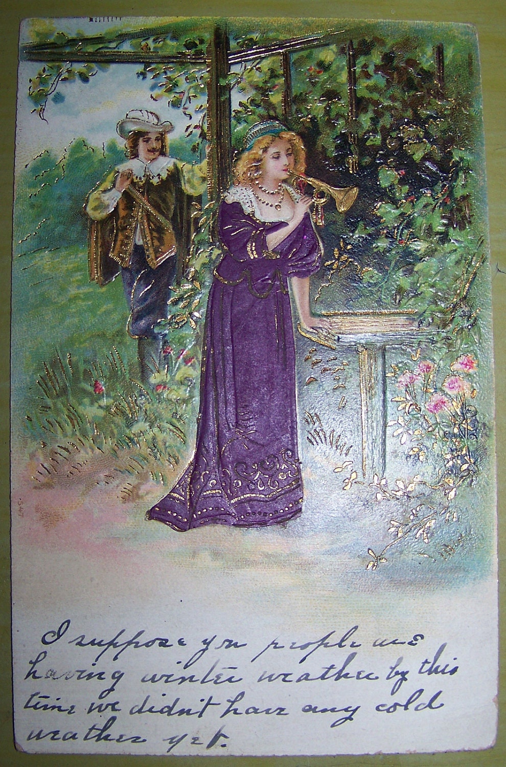 Vintage Embossed Gilt Postcard Couple Post Card