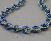 Chainmaille Necklace, Twisted Spiral in Blue, Green and Silver Jump Rings, Handmade by Lace Metal on Etsy