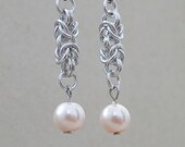 Chainmaille Earrings, Cream Glass Pearl Beads, Classic Byzantine Weave with Surgical Steel Hooks, Handmade by Lace Metal on Etsy