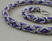 Necklace, Chainmaille, Classic Byzantine Weave in Purple and Silver Jump Rings, Handmade by Lace Metal on Etsy