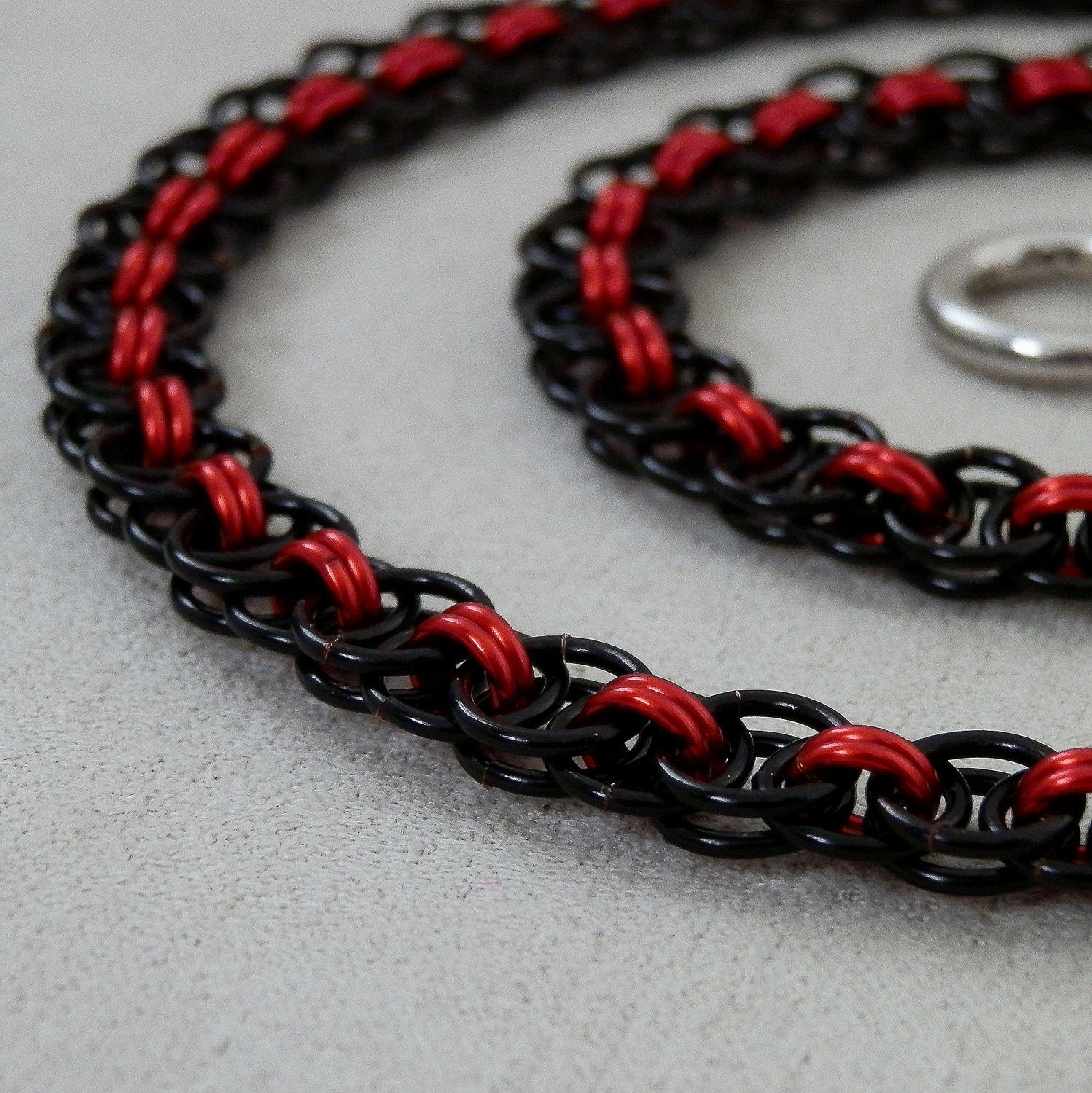 Necklace, Chainmaille, Celtic Style Helm Weave in Black and Red Jump Rings, Handmade by Lace Metal on Etsy