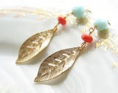Gold Leaf Earrings. Aqua Seafoam and Coral Red Czech Beads. Dangle Drop Earrings. Modern Simple Jewelry by Smallbluethings