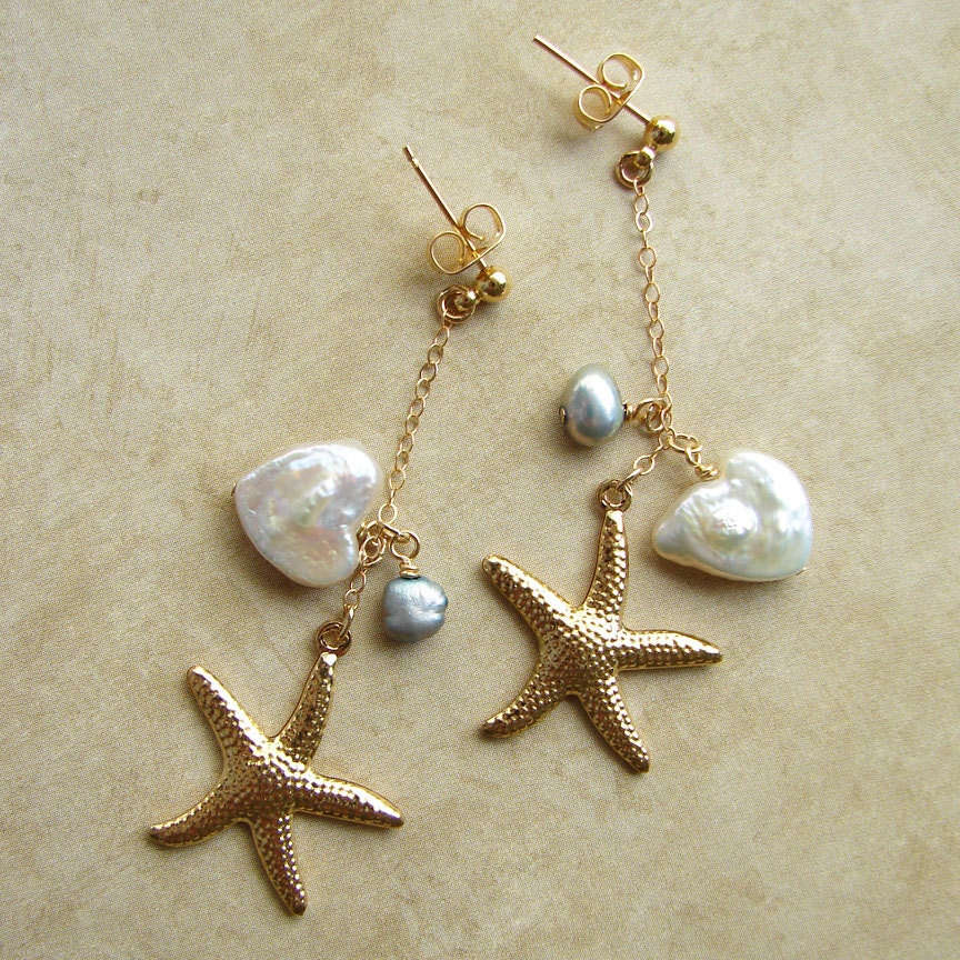 SALE- Beach Wedding Earrings. Starfish and Pearls. 14K Gold Filled Chain. Bridesmaid Gift