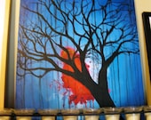 Blue and Red Splatter Black Silhouette Tree at Night - 18" x 24" Gallery Wrapped Canvas Original Acrylic Painting