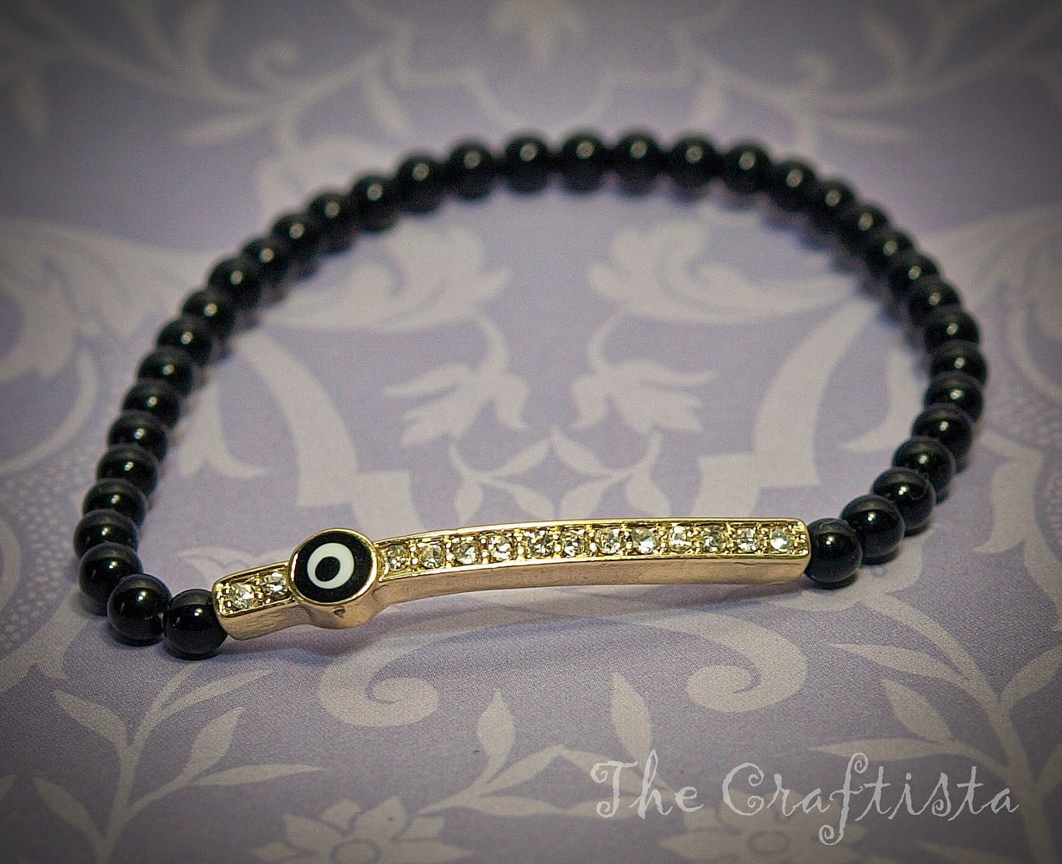 Evil Eye  Bracelet -- L -- Gold  Rhinestones Bar   -- Black Ball Beads