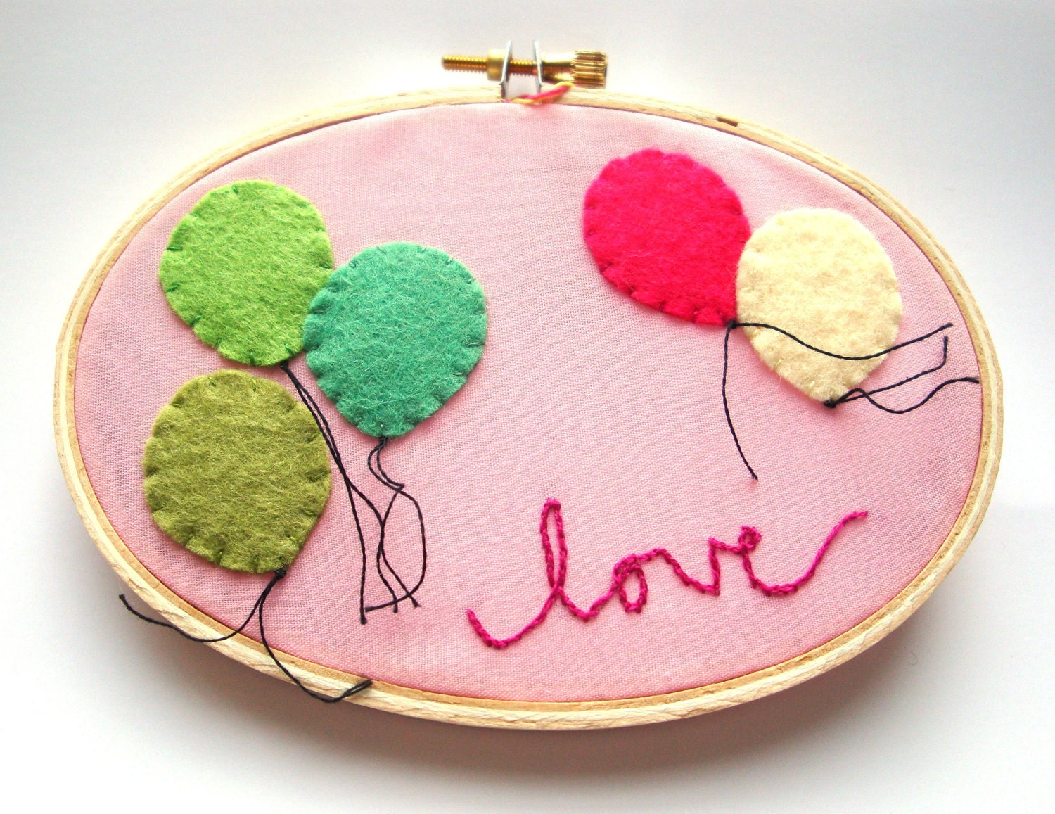 Love art hand embroidery hoop art balloon art pink