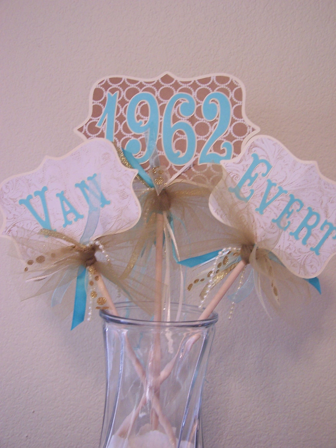 Anniversary Centerpiece Gold Golden 50th Large Picks Aqua Cream Decor Table