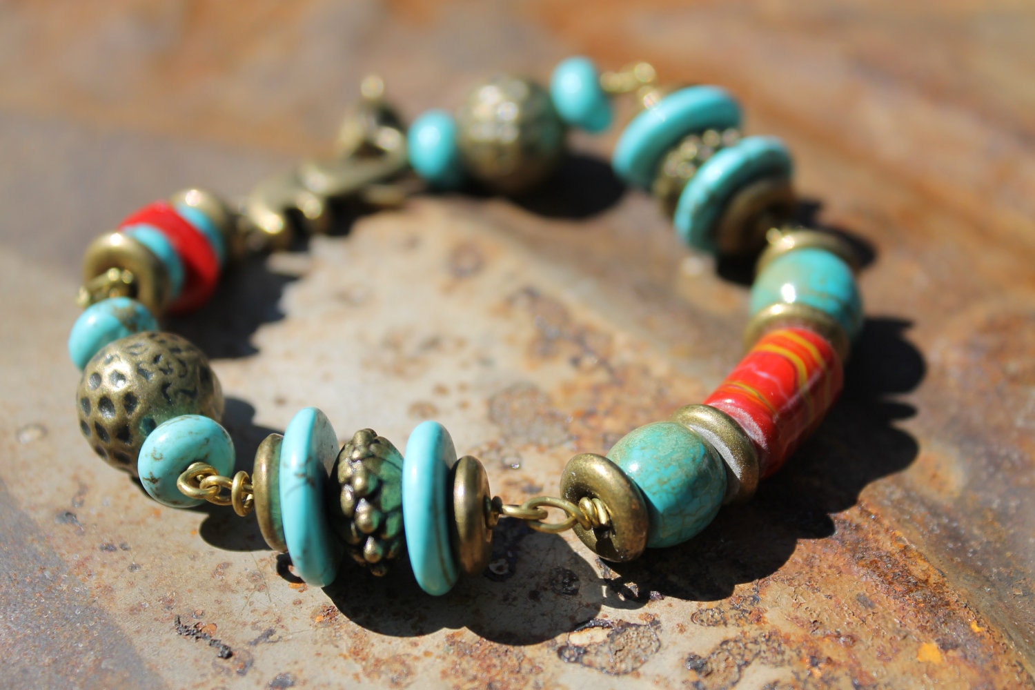 Turquoise,  7.5"-9" bracelet, antique brass beads