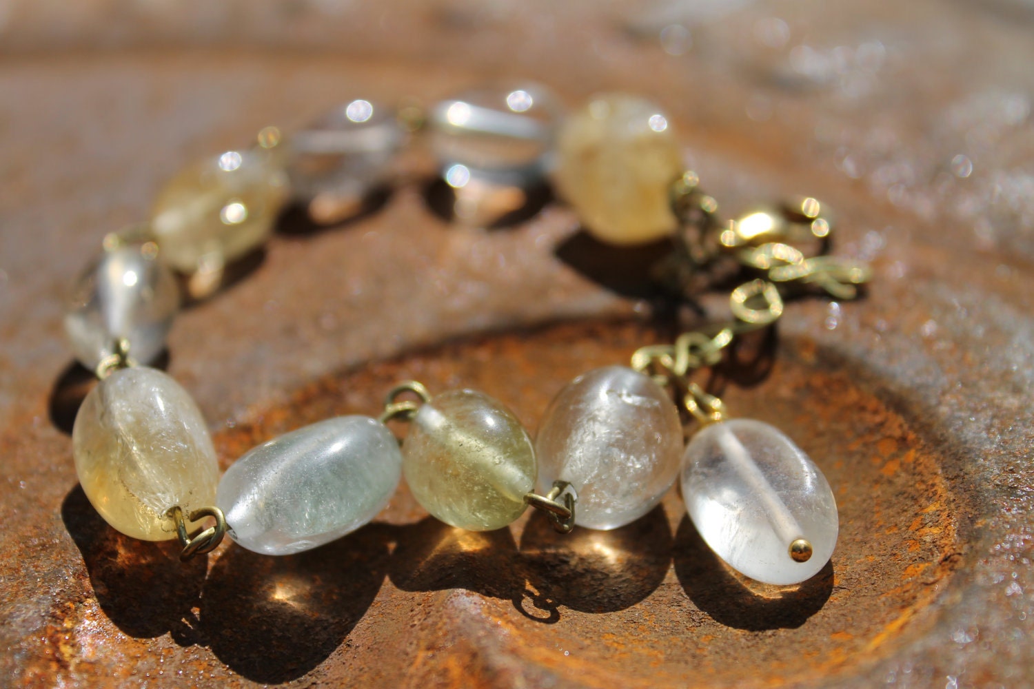 Yellow Fluorite Brass wire linked Bracelet, size 7.5"-9.5" long