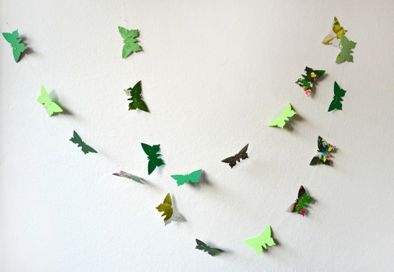 Green paper butterflies garland - wall decor