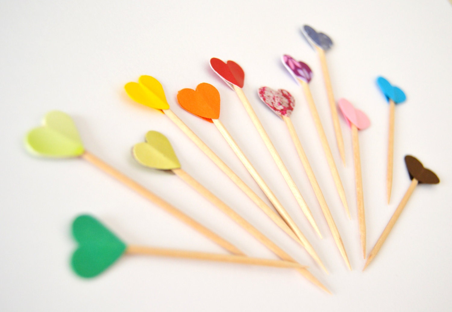 15 Party Picks Cupcake Toppers - Rainbow Colorful Hearts
